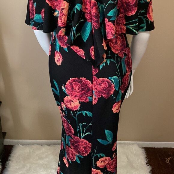 Woman's Off the Shoulder Black Maxi Mermaid Bodycon Dress w/Roses - Size 1X - Picture 9 of 11